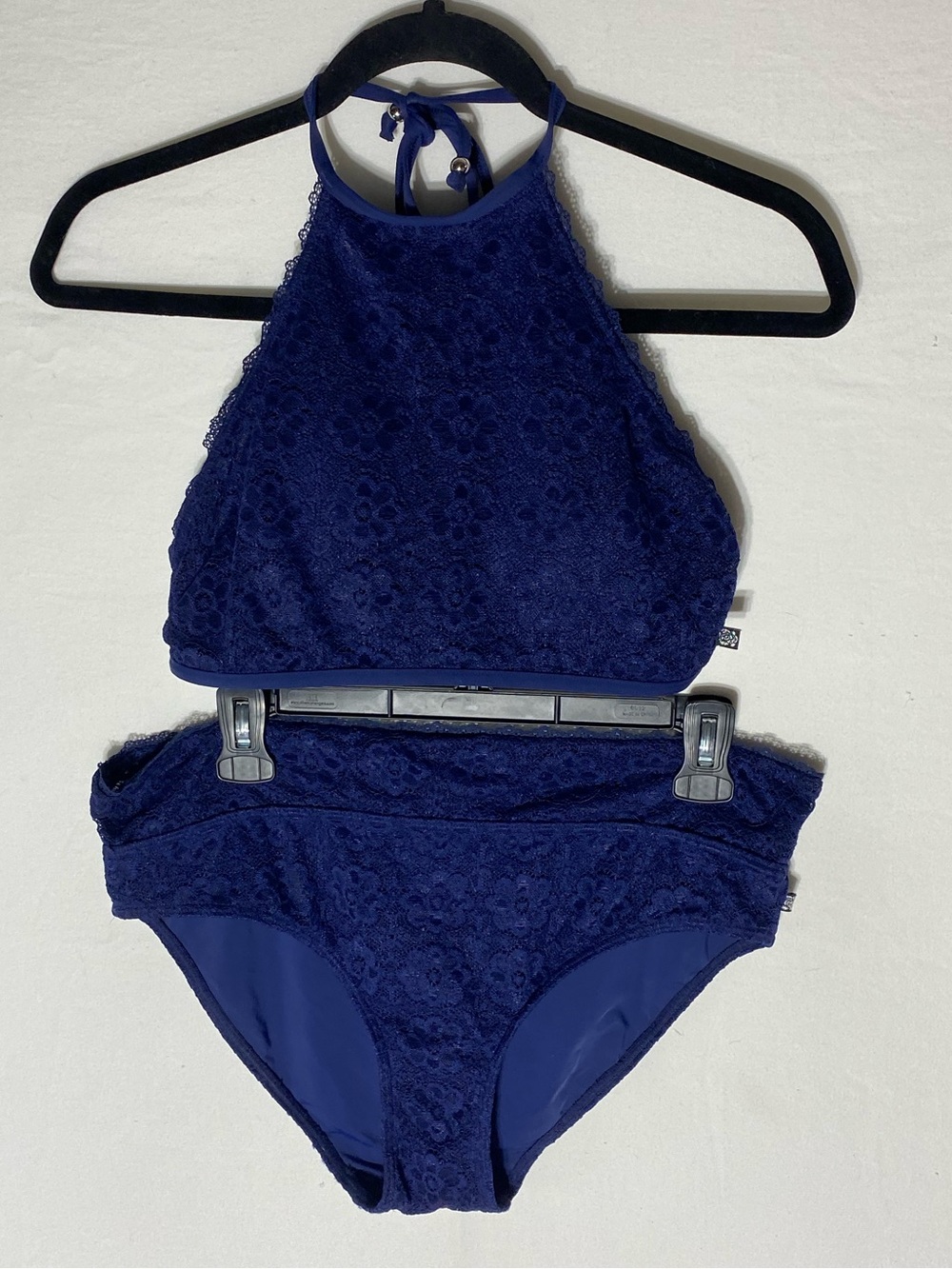 La Vie En Rose Navy Blue Lace Overlay High Neck Halter Style Bikini Set M